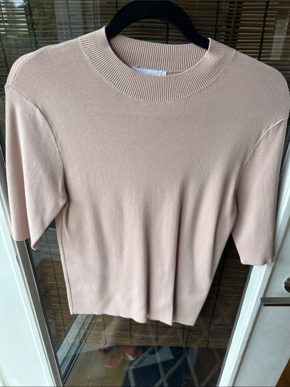 OAK + FORT Short-Sleeve Knit Sweater in Blush Beige